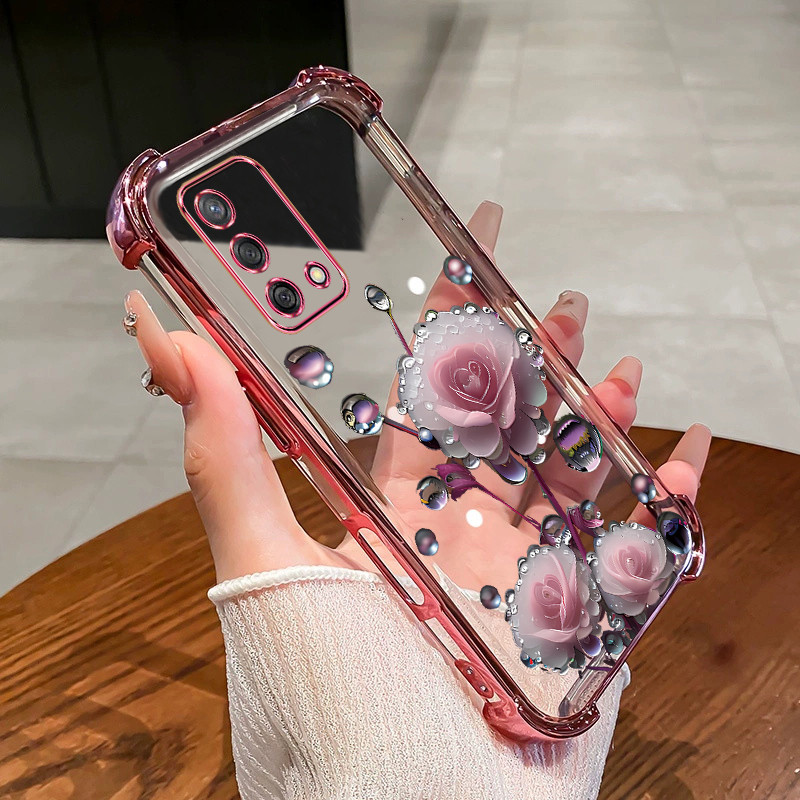 สําหรับOPPO A74 4G A95 5G RENO 5Z 5F A94 4G A72 5G A93S 5G A8 A31 2020 เคสโทรศัพท์สีชมพูดอกไม้Budสี่มุมซิลิโคนTPUโปร่งใสSoft shell ﻿ดีซ