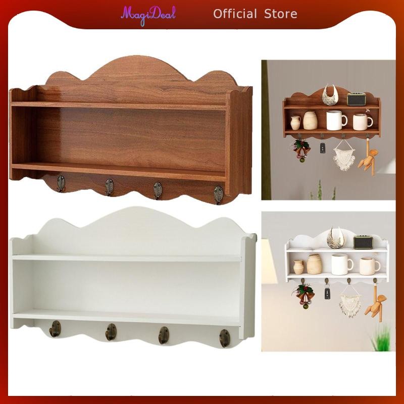 MagiDeal ชั้นวางของในครัวชั้นวางของติดผนังอเนกประสงค์ติดตั้งง่ายใช้งานได้จริงพร้อมตะขอชั้นวางสองชั้นสําหรับห้องนอนสํานักงาน Entryway