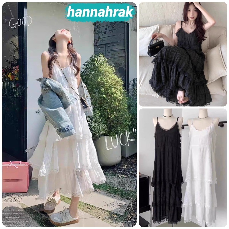 (ส่งจากกรุงเทพฯ)ชุดเดรสยาวสายเดี่ยว กระโปรงแขวนลูกไม้สีขาว กระโปรงเค้ก ผู้หญิง เอวสูง ทรงเอ ลูกไม้ 3 ชั้น สไตล์แฟรี่