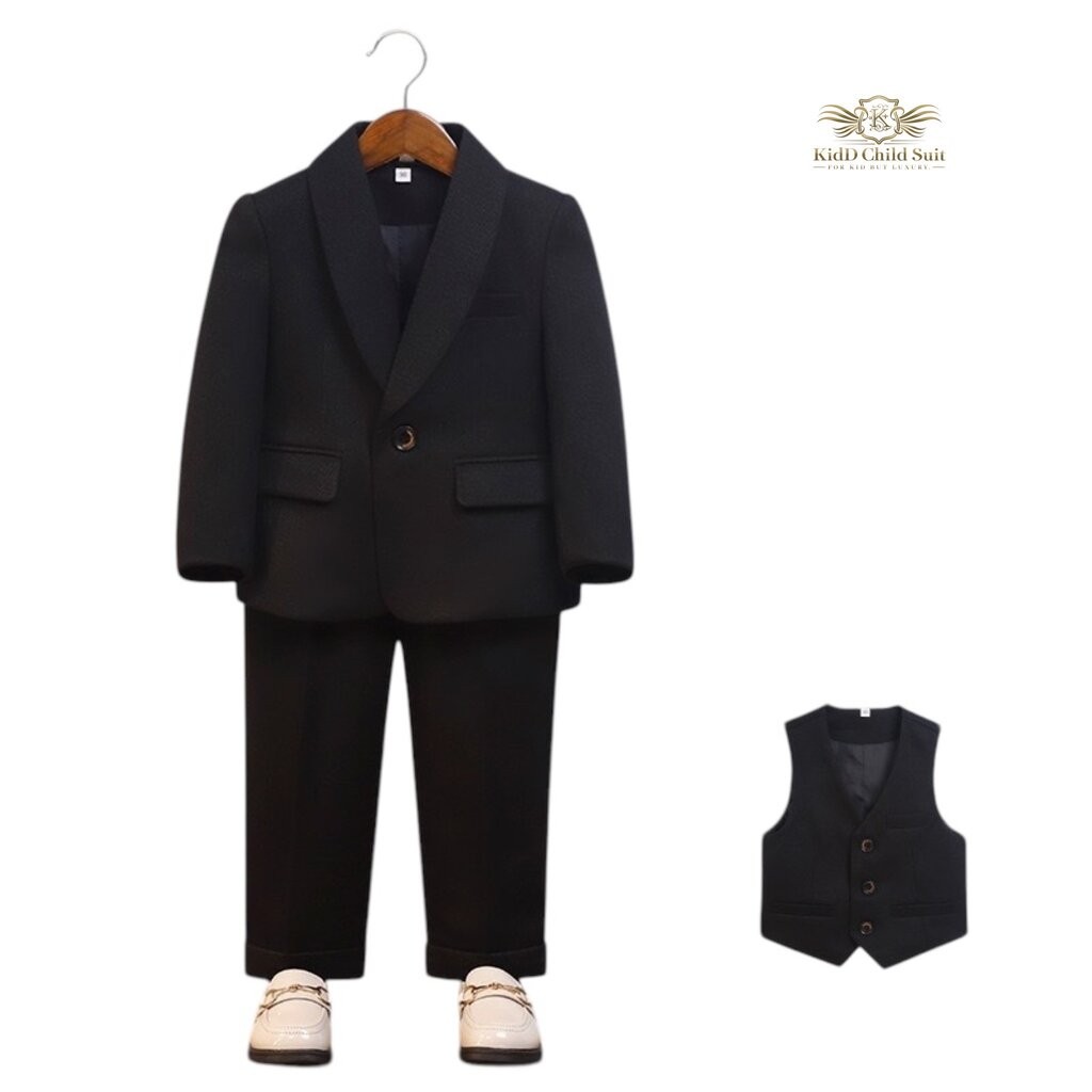 สูทเด็กสีดำ Black Shawl Lapel Suit สูทเด็ก ชุดไปงาน สูทสีดำ เซท 3 ชิ้น เสื้อสูท+เสื้อกั๊ก+กางเกง ขนาด 80, 90, 100, 11...