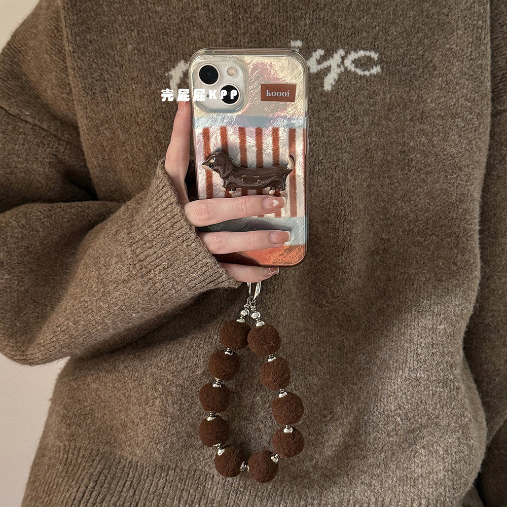 Huiwanju retro แถบสีน้ําตาลสีตัดกันสุนัขน่ารัก ins เกาหลี 14 สําหรับ 16proiPhone16ProMax เคสโทรศัพท์มือถือ iPhone16/13 นุ่ม 15Promax เคสป้องกันแบบพกพา
