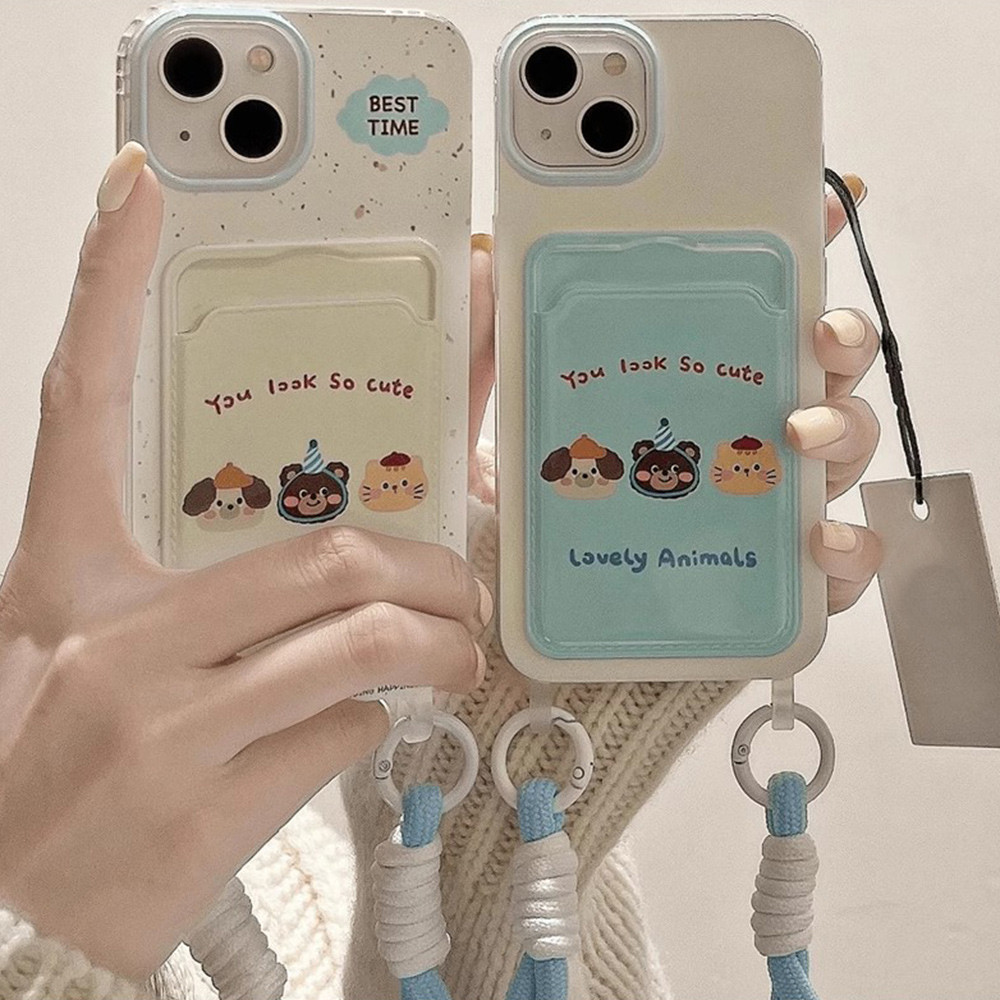 น่ารักการ์ตูนหมีผู้ถือบัตรเชือกสายรัดข้อมือเคสโทรศัพท์สําหรับiphone 16 15 14 13 12 11 Pro Max X XR 8 7 PlusกันกระแทกINS Anti-lost Soft TPUปกหลัง
