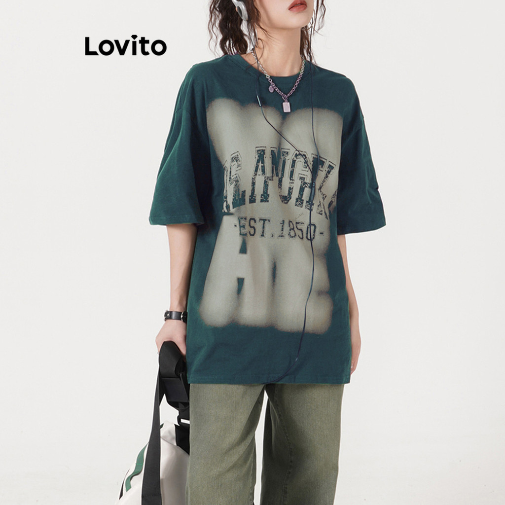 Lovito เสื้อยืดผู้หญิง ลายตัวอักษร สไตล์ลำลอง LNA27348 (เขียวเข้ม)