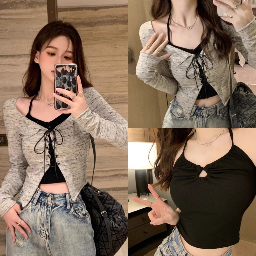 🍅Evelyn🍅มีของพร้อมส่ง เสื้อคลุมสีพื้น+เสื้อคล้องคอไหมพรม สไตล์ y2k เก๋ๆสาวๆพลาดไม่ได้เทรนกำลังมา#60118