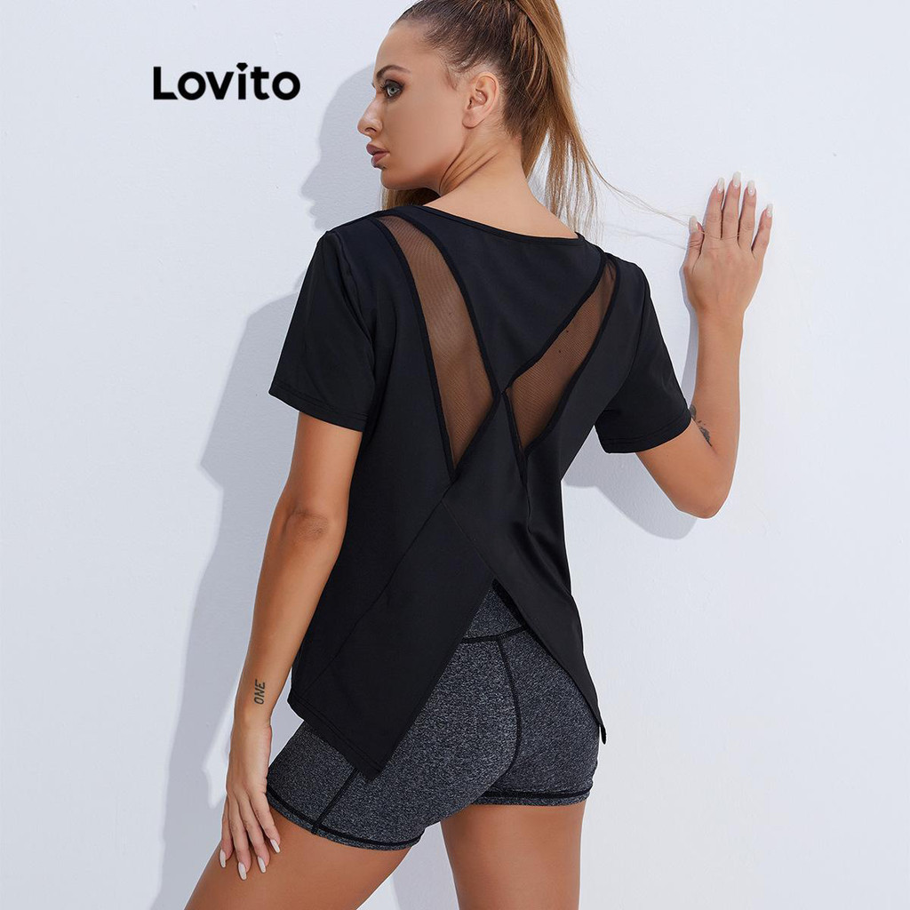 Lovito เสื้อยืดกีฬาตาข่ายคอนทราสต์สปอร์ตสำหรับผู้หญิง LNL51236