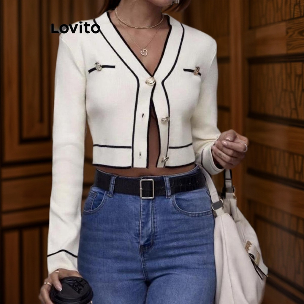 Lovito เสื้อคาร์ดิแกนผู้หญิง แต่งกระดุม คัลเลอร์บล็อก แบบแพทช์เวิร์ก สไตล์ลำลอง LNL57047