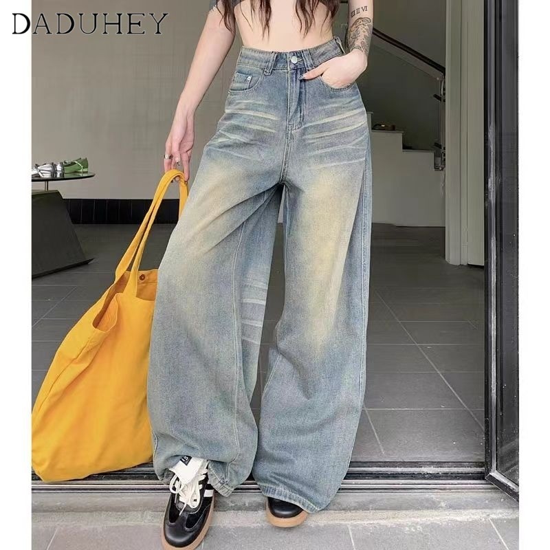 DaDuHey 2024 Mid-Waisted Figure Flattering Drooping Straight Pants Women's American Retro Distressed Hot Girl Loose Wide Leg Jeans