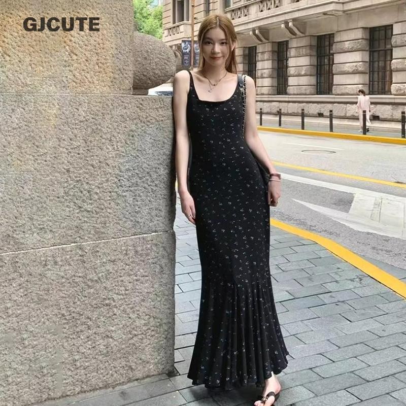 Gjcute ชุดเดรสดอกไม้หักมีสไตล์ผู้หญิง Elegant Square Collar Mermaid ชุดเดรสยาว WTD