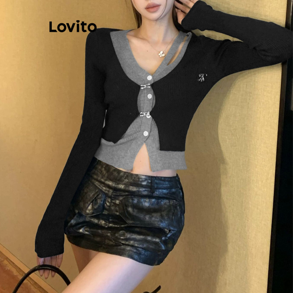 Lovito เสื้อกันหนาวโลหะธรรมดาวินเทจธรรมดาปลอม 2 In 1 ตัดออกเสื้อกันหนาวโลหะสำหรับผู้หญิง L102AD206