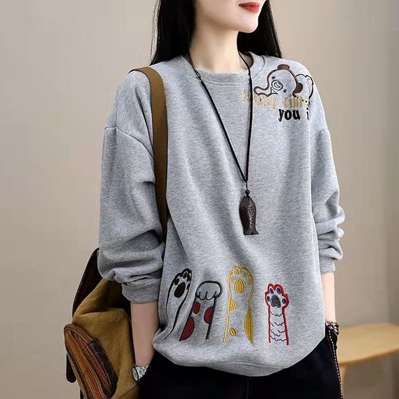 [จำกัดเวลาเข็ม] เสื้อสเวตเตอร์ปักลายการ์ตูนแนววินเทจสำหรับผู้หญิงสไตล์เกาหลีฤดูใบไม้ผลิและฤดูใบไม้ร่วงมีความสดใหม่และสง่างามลำลองแมทช์ง่ายนุ่มสบายคอกลมหลวมและดูผอมแขนยาวเสื้อ INS อินเทรนด์
