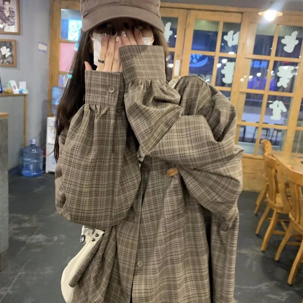 DODO#พร้อมส่งจากไทย เสื้อเชิ้ตผู้หญิงวินเทจ สไตล์เกาหลี เชิ้ตลายสก็อต คอโปโล เสื้อแขนยาว#W507 Clothing Lady Women
