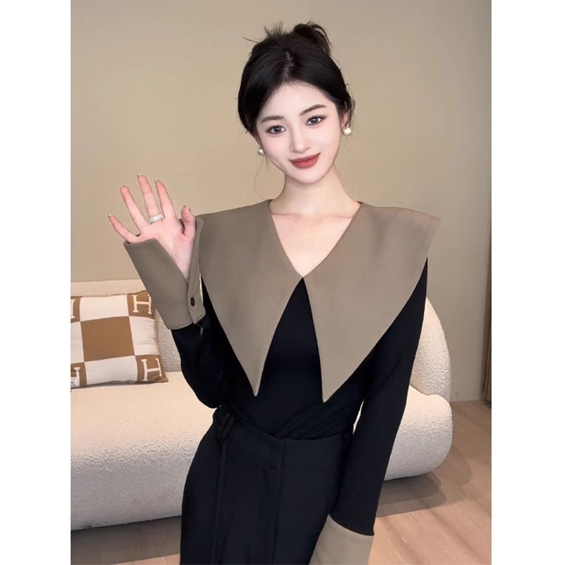 เสื้อเชิ้ตแขนยาวคอปกใหญ่สีคอนทราสต์สไตล์ฝรั่งเศสแนววินเทจสำหรับผู้หญิงเสื้อใส่แล้วดูผอมเพรียวแฟชั่นแบบใหม่ฤดูใบไม้ผลิ2024