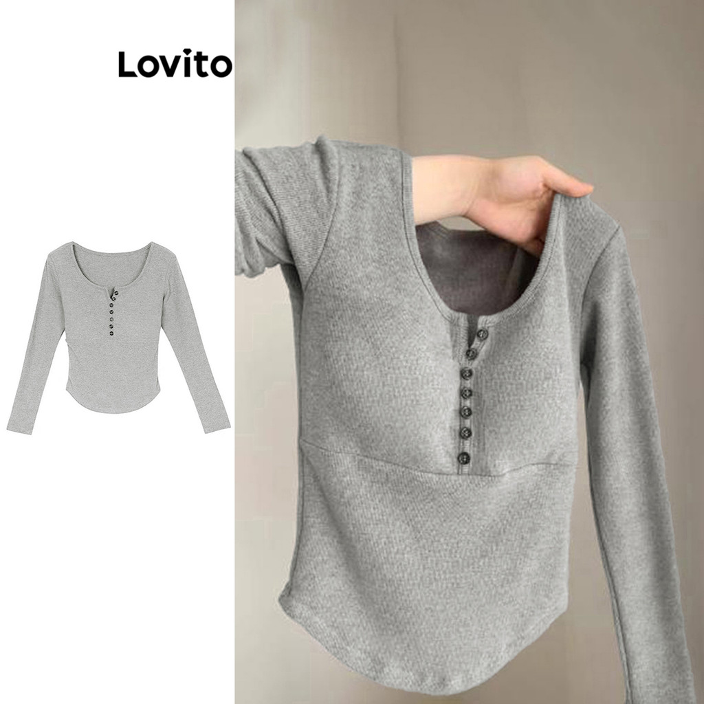 Lovito เสื้อยืดผู้หญิง แต่งกระดุม สีพื้น สไตล์ลำลอง LNE39238 (สีแอปริคอท/สีเทา/สีดำ)