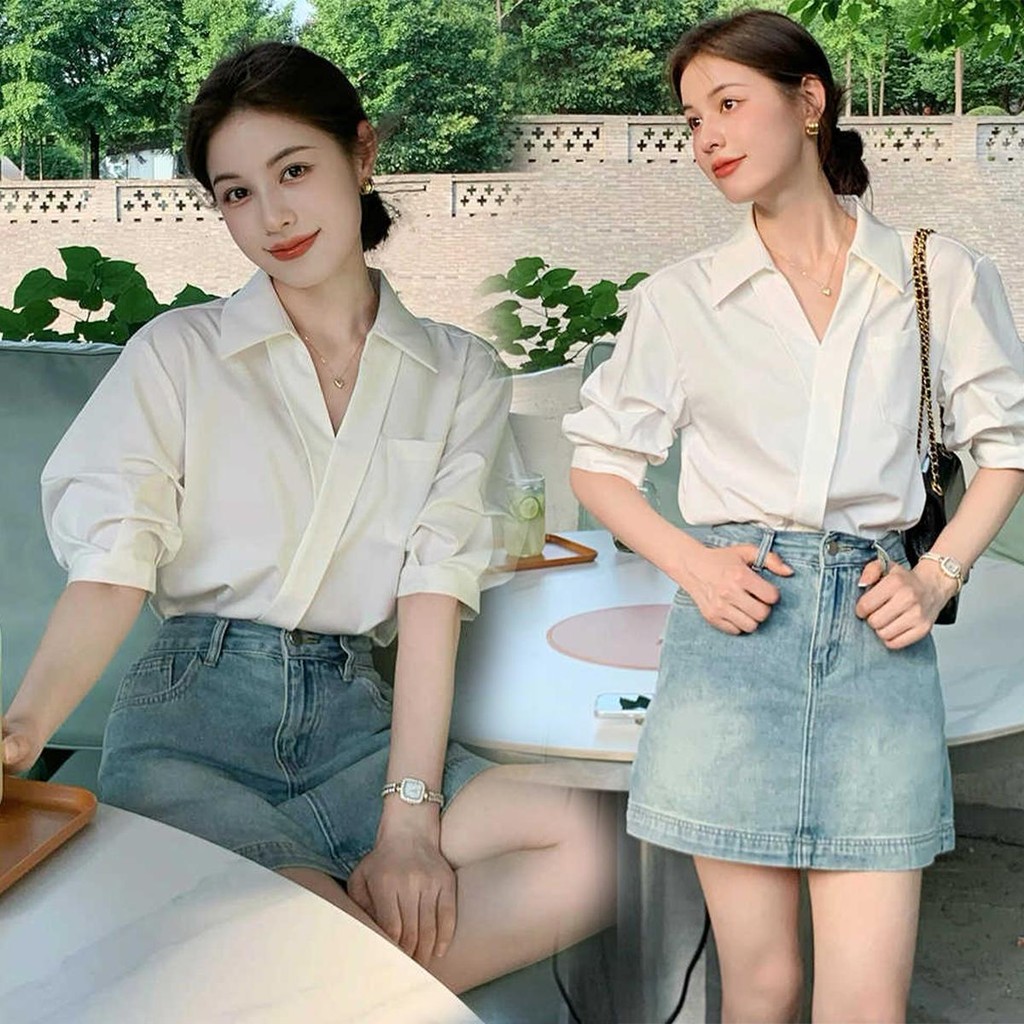 DODO#เสื้อเบลาส์แขนสั้น คอวี แขนพอง ทรงไม่สมมาตร แฟชั่นฤดูใบไม้ผลิ สไตล์ฝรั่งเศส สําหรับผู้หญิง-รุ่นW464 Clothing Lady