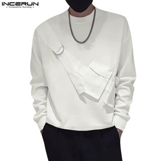 ไม่แน่นอน ผู้ชายเกาหลีแขนยาวกระเป๋าสามมิติเสื้อยืดแขนยาว