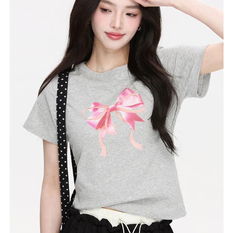 หวานน่ารักเสื้อยืดสีชมพูโบว์แขนสั้นพิมพ์บางเสื้อสำหรับผู้หญิงฤดูร้อน แฟชั่นเก๋ไก๋เสื้อยืด - รูปที่ 5