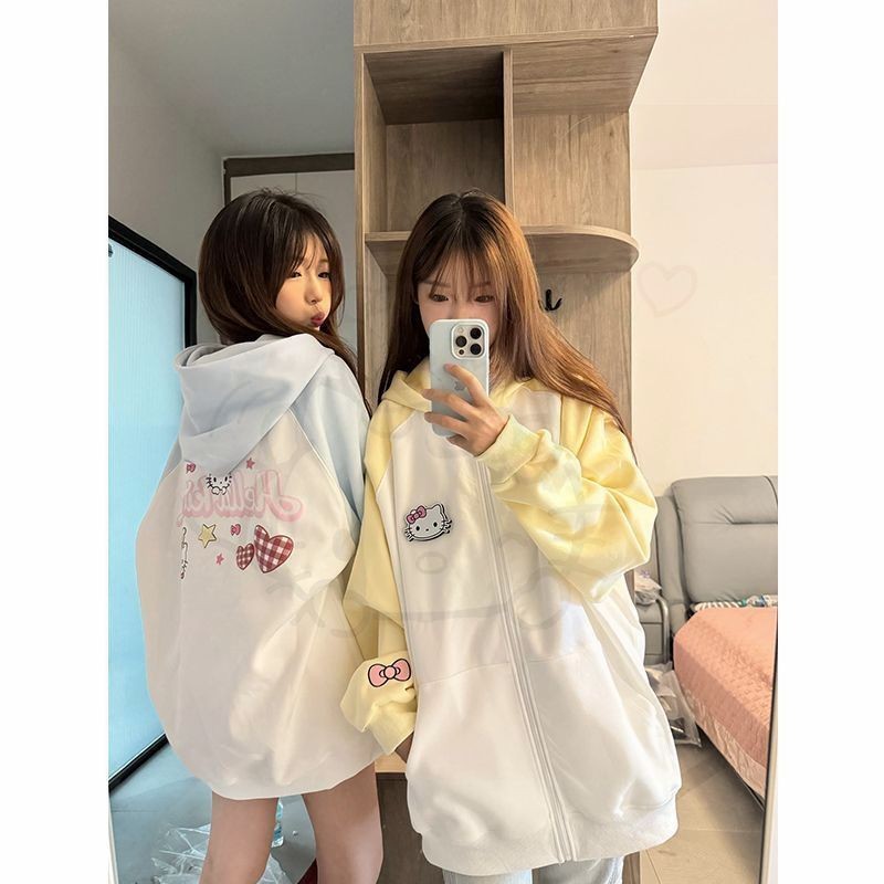 คู่การ์ตูน สวัสดี คิตตี้ เสื้อกันหนาวมีฮู้ดผู้หญิงฤดูใบไม้ผลิฤดูใบไม้ร่วงสไตล์ใหม่อเมริกันหลวมสไตล์ขี้เกียจเก๋ซิปแจ็คเก็ต
