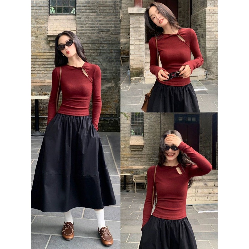 สไตล์จีนสไตล์จีนสไตล์ใหม่ Hollow Design Slim-fit Slimmer ดูเสื้อยืดแขนยาวฤดูใบไม้ร่วง Win - รูปที่ 3