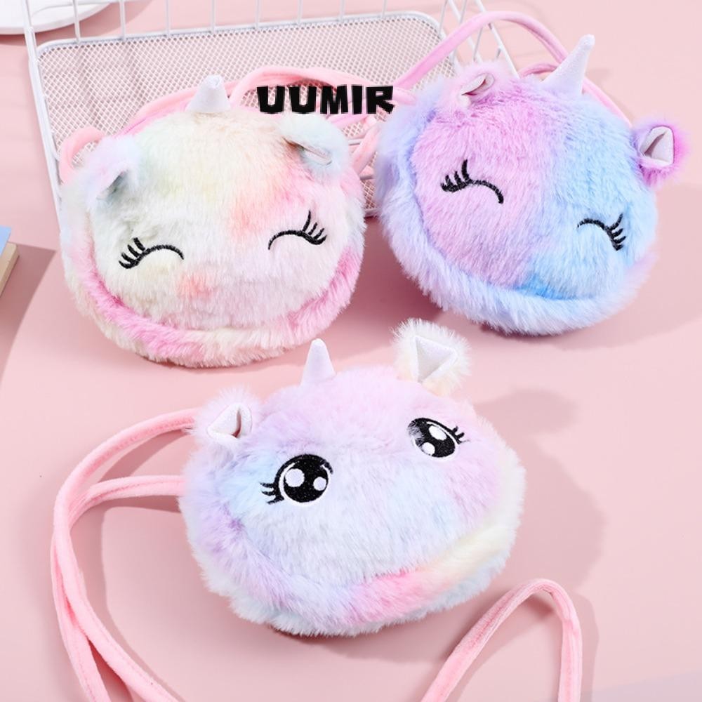 Uumir กระเป๋าสะพายไหล่, Plush Cute Unicorn Shape Mini Crossbody Bag, Pink Cotton Cute Girls Purse Kids