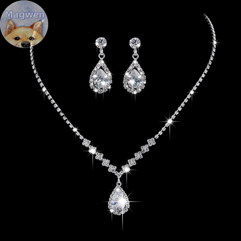 Magwen Vintage คริสตัล Waterdrop จี้สร้อยคอต่างหูเครื่องประดับงานแต่งงานเงินชุด TH