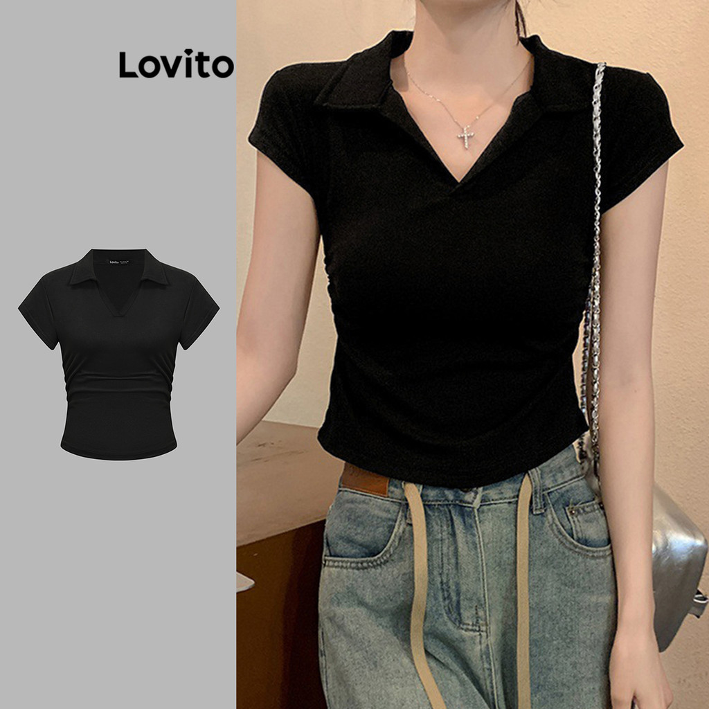 Lovito เสื้อยืดเรียบง่ายจับจีบสำหรับผู้หญิง L109MD495
