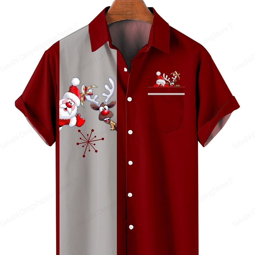 Santa Claus เสื้อฮาวายกระเป๋าคริสต์มาสพิมพ์เสื้อผู้ชายผู้หญิงแฟชั่นแขนสั้นเสื้อฮาวายเสื้อชายหาด Elk