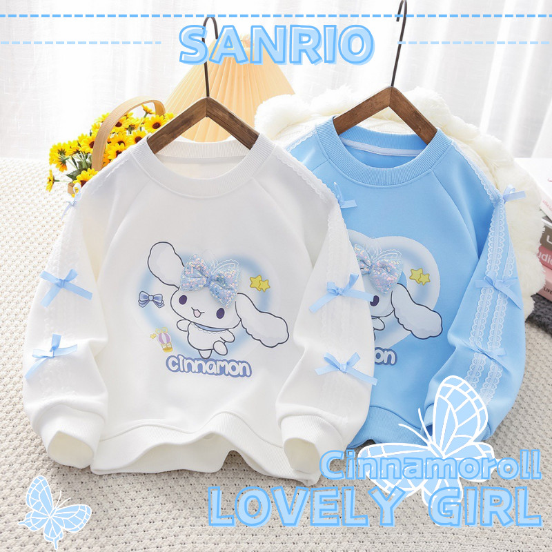 Cinnamoroll เด็ก Casual Oversize เสื้อน่ารัก 3D Bow สาวฤดูใบไม้ร่วงแขนยาวผ้าฝ้ายเสื้อหลวม
