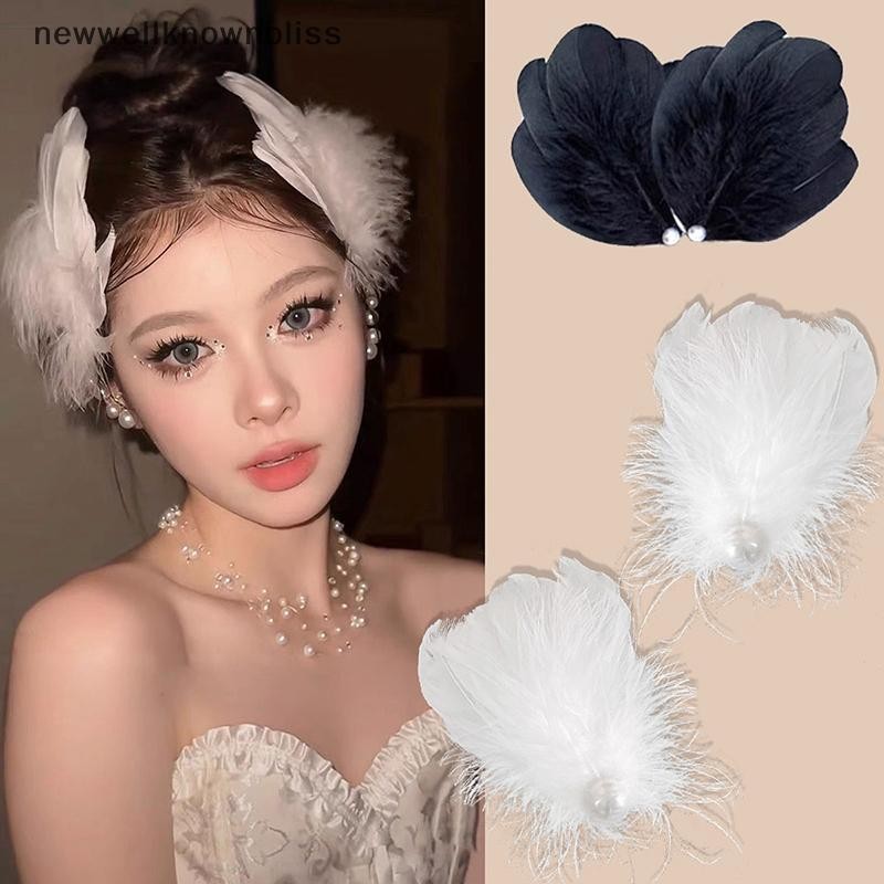 Newwellknownbliss White Swan Feather Headdress Hairpin ฮาโลวีนคลิป Fairy Fluffy อุปกรณ์เสริมผมหญิง Hanfu ตุ๊กตาอุปกรณ์เสริมคลิปด้านข้าง CCD