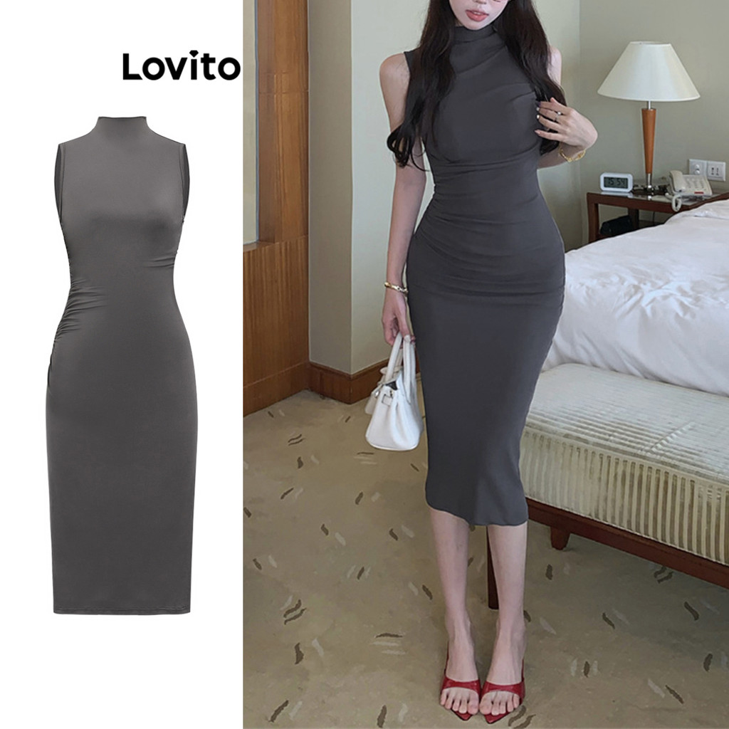Lovito ชุดเดรสเรียบง่ายจับจีบสำหรับผู้หญิง L108ED1084