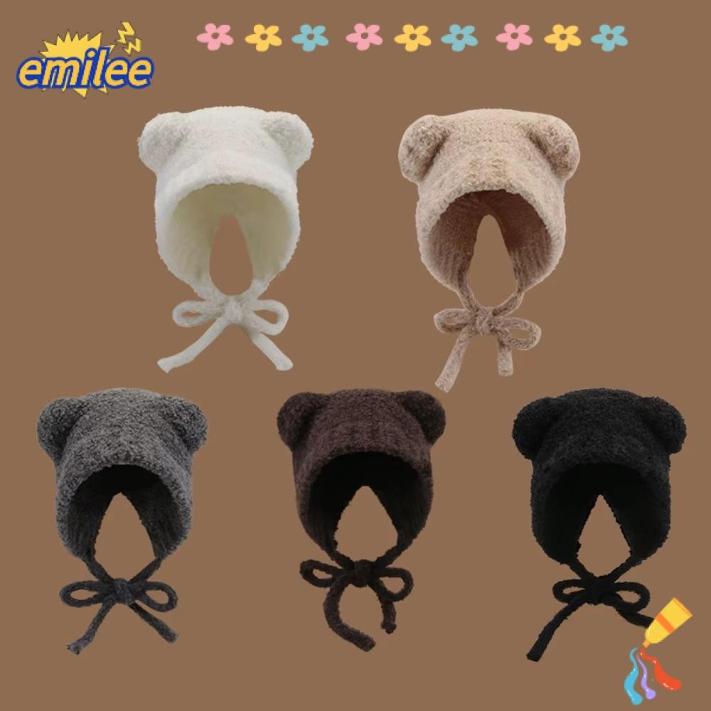Emilee หมีหูหมวกขนสัตว์,ป้องกันหู Y2k ถักหมวก Bomber, Warm Lace up พร้อมเชือก Beanies หมวก ราคา ถูกที่สุด ดีลบีเคเค