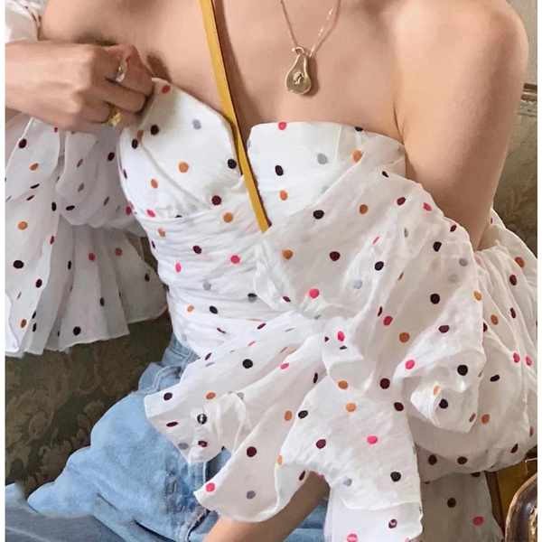 เสื้อเกาะอก เกาะอก เสื้อท่อนบนพิมพ์ลายจุดลายจุดสำหรับสาวฮอตที่มีการออกแบบล้วนๆเสื้อผ้าสำหรับถ่ายภาพในวันหยุด