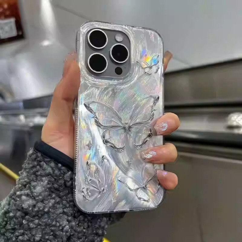 COD ใช้บังคับ IPHONE 11 13 15 14 12 Pro Max 15 14 7 Plus XR XSMAX เคสโทรศัพท์โฮโลแกรมสาวผีเสื้อสีใหม่
