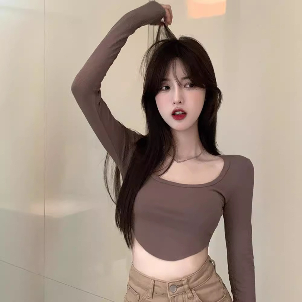 เสื้อยืดคอกลมแขนยาวผู้หญิง midriff-baring