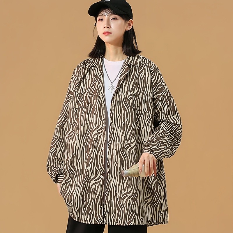 Chic พร้อมส่ง เสื้อ แขนยาว คอปก ทรงหลวม ลายม้าลาย ผ้าชีฟองไม่หนาใส่สบาย แฟชั่นเกาหลี ฤดูใบไม้ผลิ