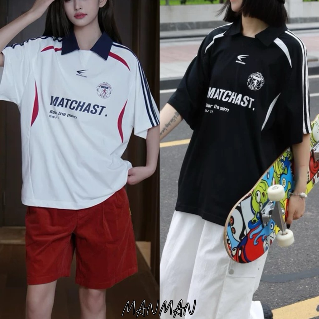 MANMAN เสื้อโปโลผู้ชาย ปกพับ แขนสั้นผู้หญิง ชุดคู่รัก แบบหลวม สีผสม