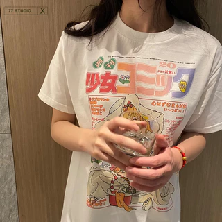 COD（จัดส่งภายใน 24 ชั่วโมง）เสื้อยืด oversized t shirt ลายการ์ตูน cotton สไตล์ญี่ปุ่น สีขาว เสื้อ
