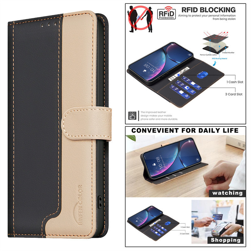 ธุรกิจ Splicing หนังเคสโทรศัพท์สําหรับ Realme C55 C53 Realme 12 Pro + 12 + 11X Flip Casing Card Holder กระเป๋าสตางค์แม่เหล็กปลอก