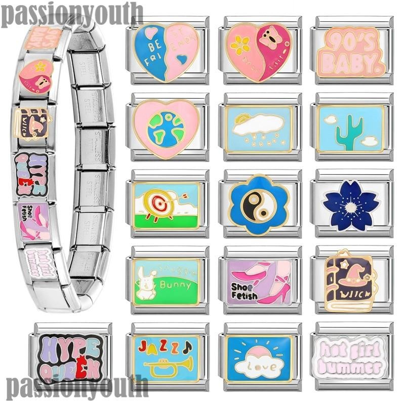 1pcs Y2K Italian Charm Bracelet Cat Fish Flower Dragonfly Stainless Steel DIY Making Elastic Link Ch