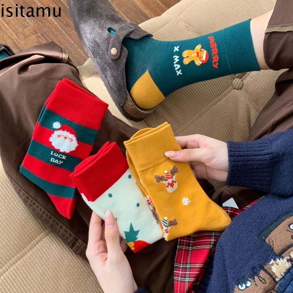 Isitaft ถุงเท้าคริสต์มาส, ผ้าฝ้ายซานตาคลอสการ์ตูน Hosiery, Harajuku Gingerbread Man Snowman ผ้าอุปกรณ์เสริมถุงเท้ากลางหลอดคอสเพลย์