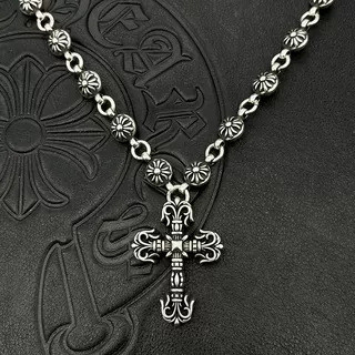 สร้อยคอ CH♥/925 Silver Retro Flame Cross Necklace Integrated Chain