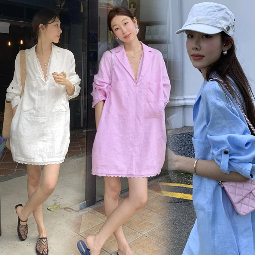 mimi&didi#เดรสเชิ้ตตัดต่อลูกไม้คอวีตัวใหญ่ แขนยาว กระโปรงสั้นเข้ารูป ดูดีสุดๆ ทรงตรงหลวมๆ สำหรับผู้หญิง#W520