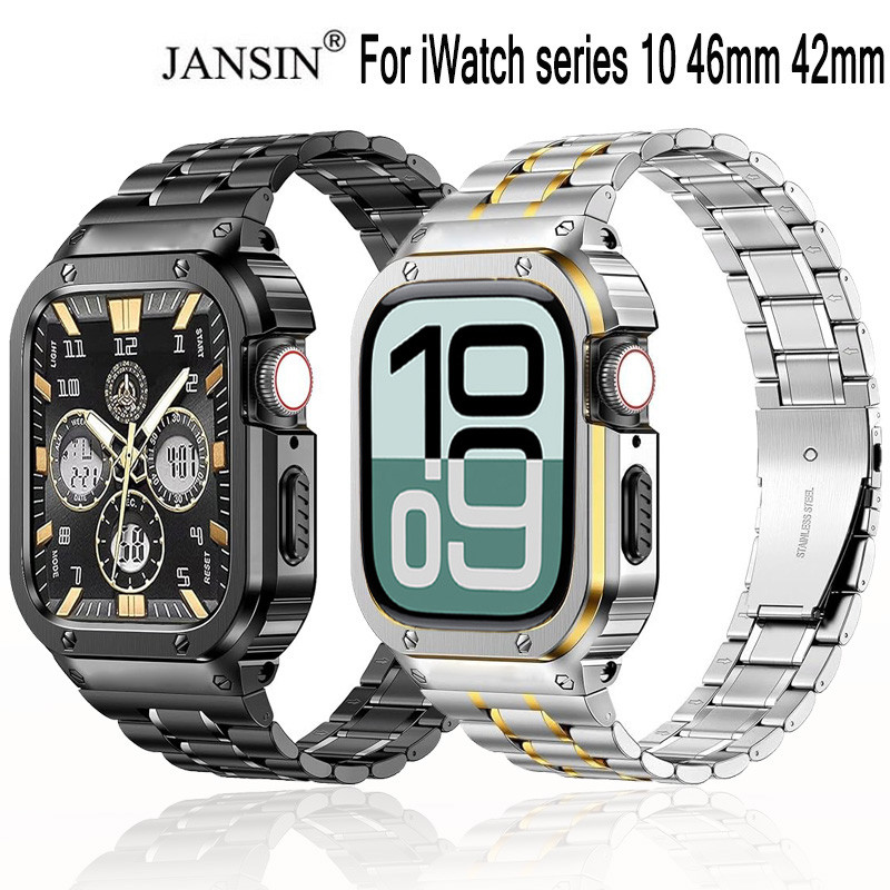 jansin สาย + เคส iwatch series 10 46มม mod kit case สายนาฬิกาสแตนเลส พร้อมเคส สำหรับ iwatch series 1
