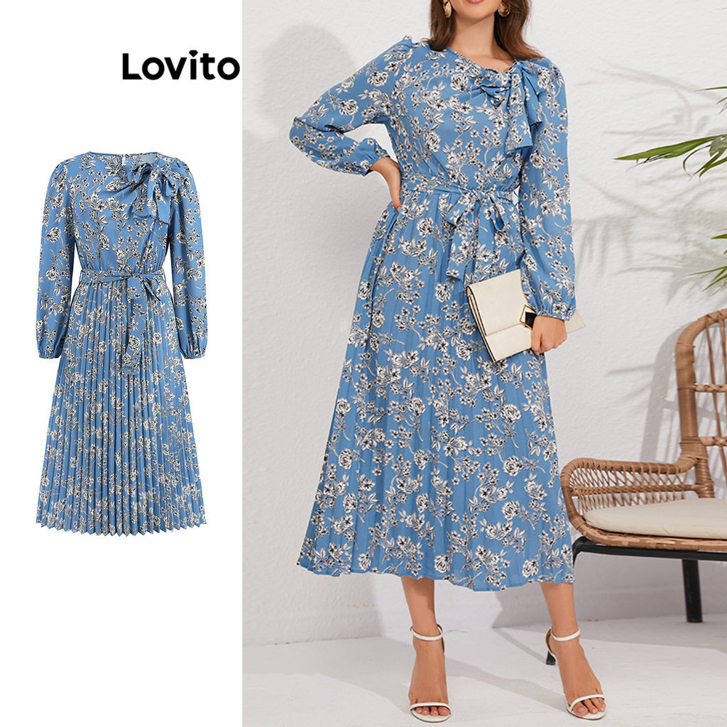 Lovito ชุดเดรสผู้หญิง แต่งจีบ มีสายผูก พิมพ์ลายดอกไม้ สไตล์ลำลอง LNL57201