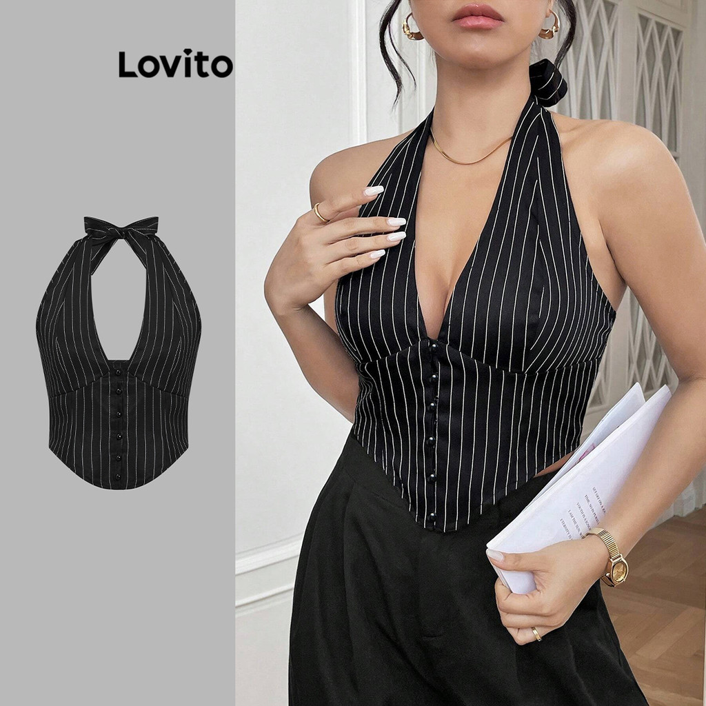 Lovito เสื้อกล้ามหลังผูกลายทางหรูหราสำหรับผู้หญิง L99ED907