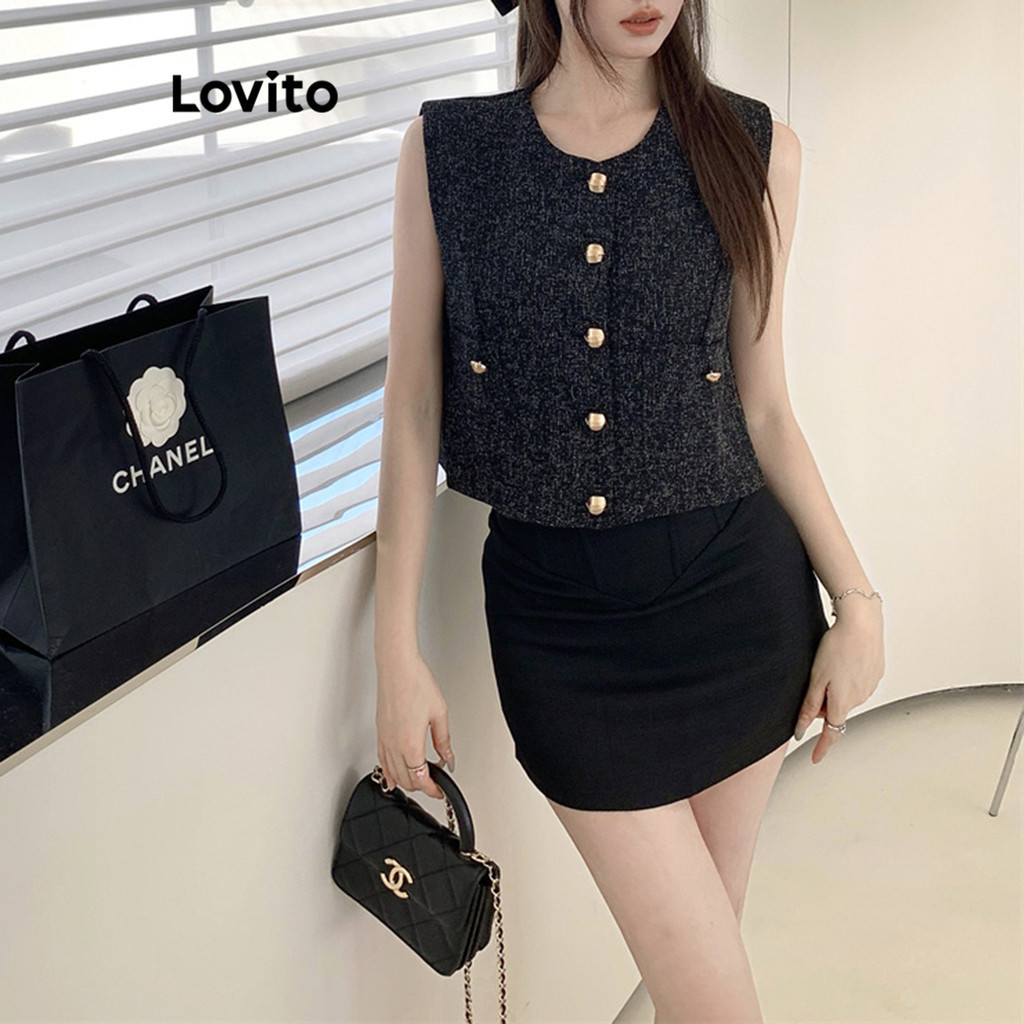 Lovito เสื้อกล้ามผู้หญิง สไตล์หรูหรา สีพื้น แต่งกระดุม กระเป๋าปลอม LNE33003 (หลากสี)