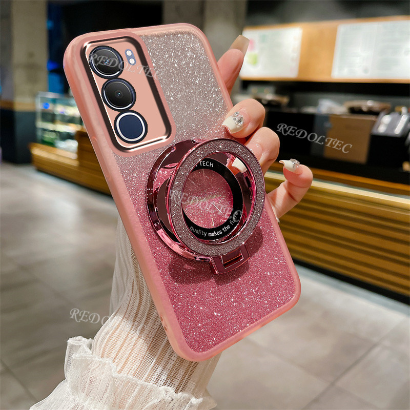 ปลอก VIVO Y19S 2024 ออกแบบใหม่โปร่งใส Glitter กรณี VIVOY19S VIVO Y 19S Gradient Bling ฝาครอบโทรศัพท์พร้อมขาตั้งแม่เหล็กผู้ถือ