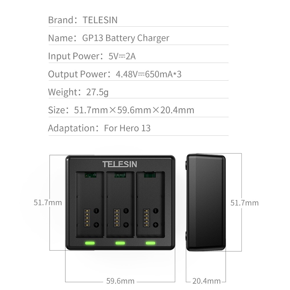 GoPro 13 Telesin 3 Channel Charger แท่นชาร์จ ที่ชาร์จ มีไฟแสดงสถานะ ประกัน 1 ปี อุปกรณ์เสริมโกโปร By Aquapro