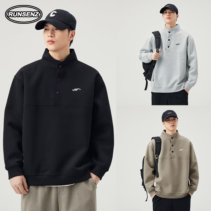 ม-5เอ็กแอล เกาหลีที่เรียบง่ายยืนปกเสื้อยืดผู้ชายระดับไฮเอนด์สบายๆหลวมแขนยาวขนาดบวกด้านบน