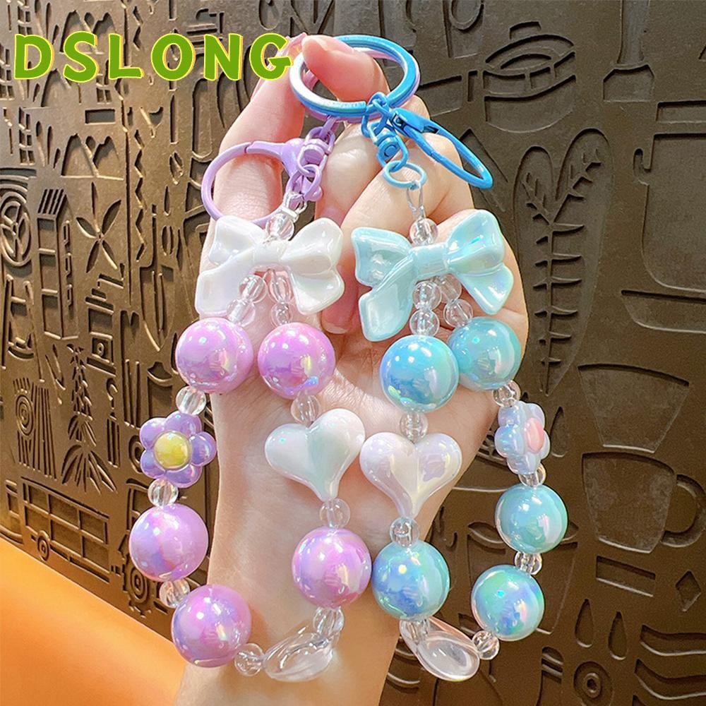 DSLONG ไชโย เชือกเส้นเล็กโซ่มือถือ,อุปกรณ์เสริมกระเป๋าลูกปัด สายคล้องโทรศัพท์มือถือ,ของขวัญโบว์หัวใจอะคริลิรถพวงกุญแจ