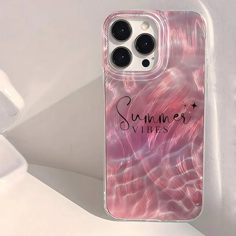 สีชมพูสด Water Wave พิมพ์สําหรับ Galaxy S25 S24 S23 Ultra S23 S21 S24 FE S22 S21 ฤดูร้อนสัตว์ทะเลหรูหรา IMD Feather เส้นด้ายเลเซอร์กันกระแทกปกหลัง